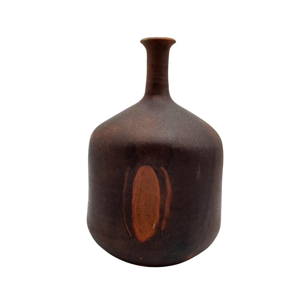 Scandinavian Bottle Neck Art Pottery Vase Modern Ceramic Matte Brown Mid Century